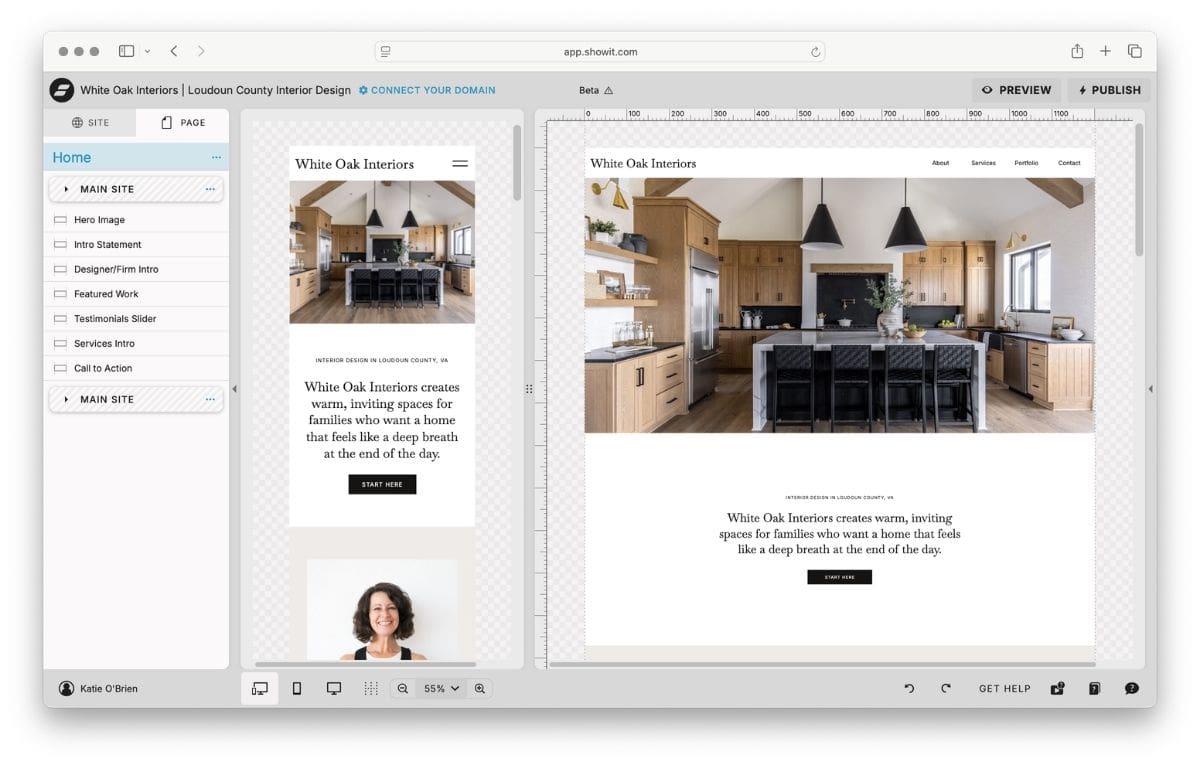 Showit editor showing mobile and desktop views side by side on an interior designer website template