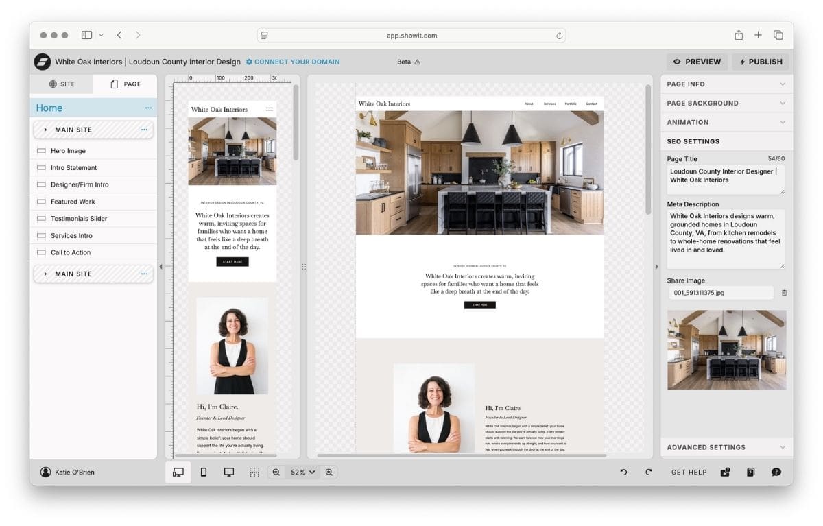 Showit SEO settings panel with a custom page title and meta description for an interior design website